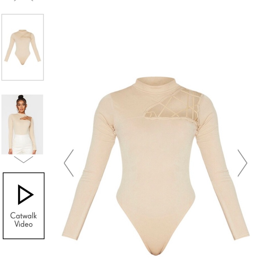 PrettyLittleThing Nude Cut Out Detail Crepe Bodysuit, Size M